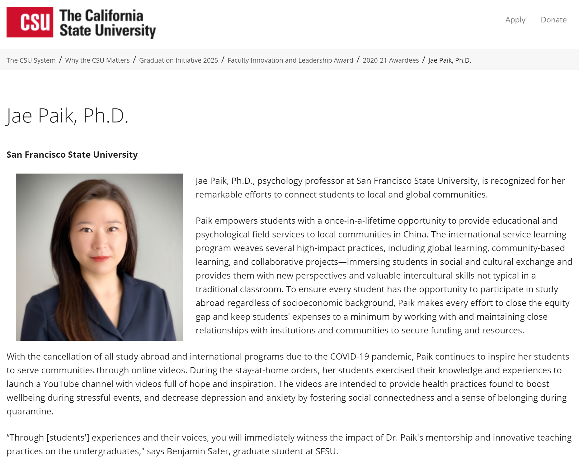 Dr. Paik Faculty Innovation Award Nomination and Acceptance